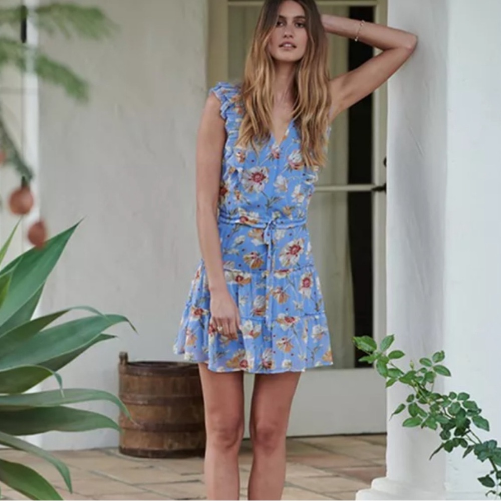 PAIGE Light Blue Floral Flutter Dress
